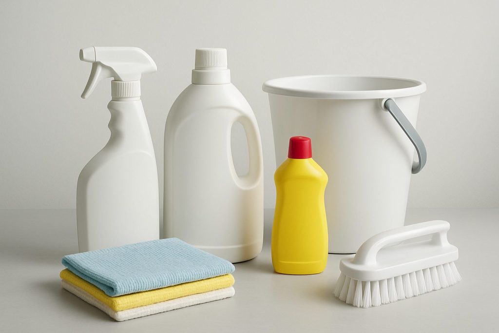 Assorted cleaning supplies arranged on a neutral background