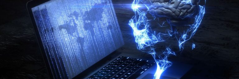A digital representation of a brain near a laptop, with abstract coding in the background.