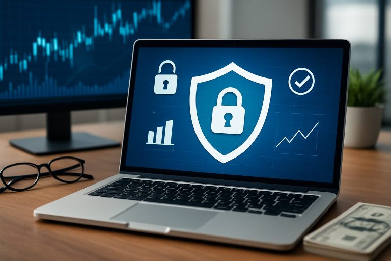 A laptop displaying security icons on its screen, with financial charts in the background and a pair of glasses on the d